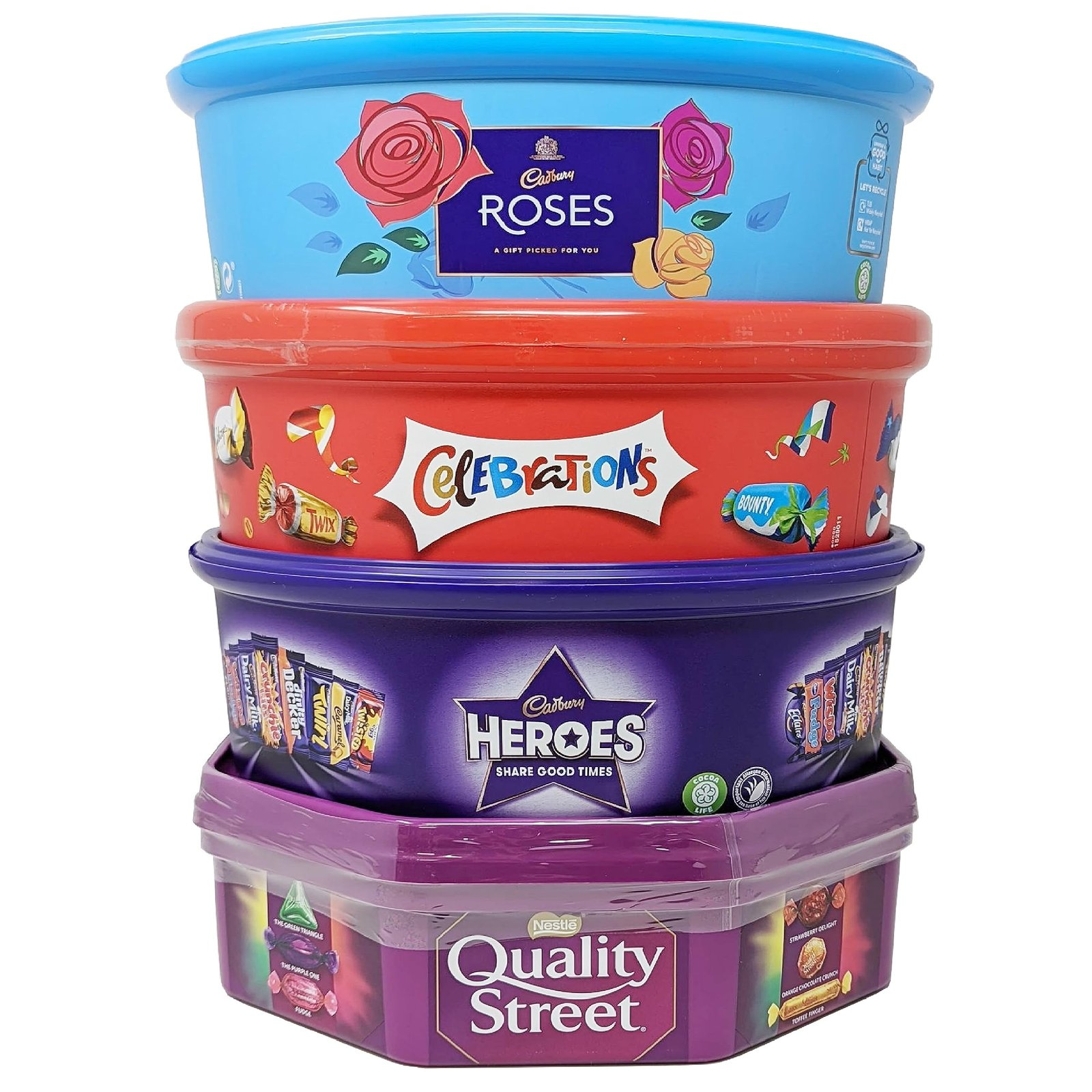 Chocolate Tubs Bundle – 5-Pack of Heroes, Roses, Celebrations, Quality Street   Chocolate Sweet Shop