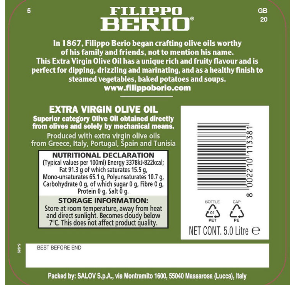 Filippo Berio Extra Virgin Olive Oil Pack of 5l