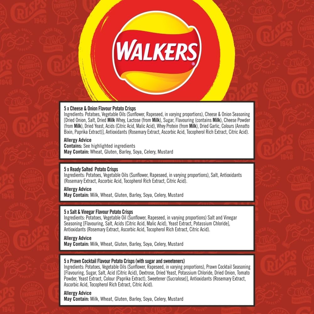 80 Bags of Walkers Classic Variety Multipack Crisps Box （4 boxes × 20 packs)   Free gift of 12 bottles of water