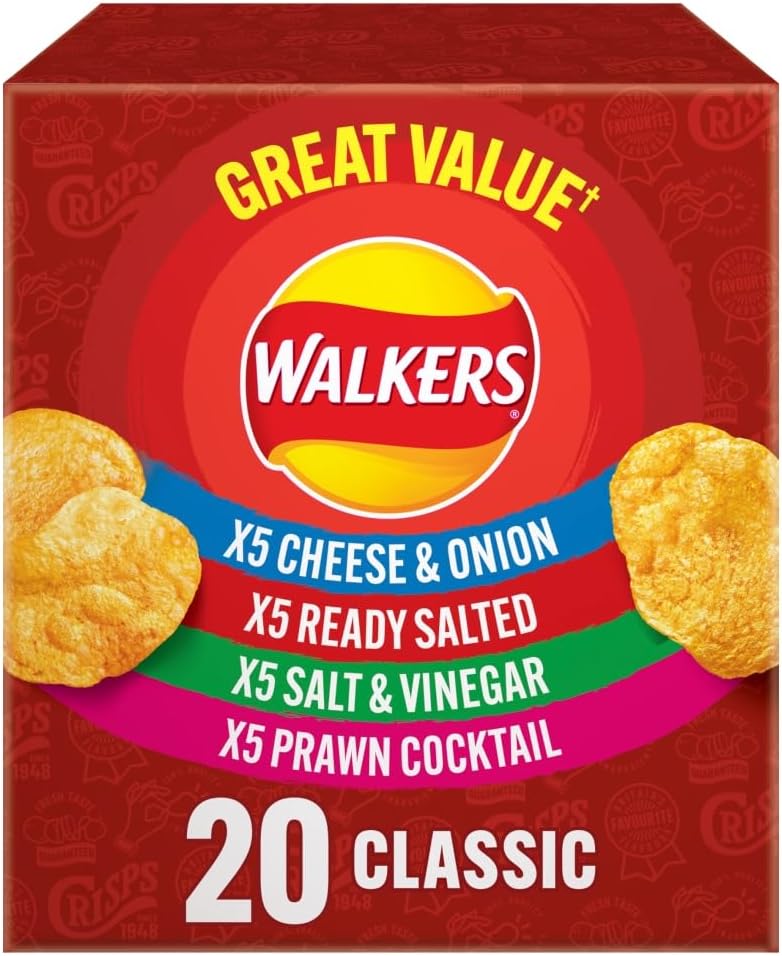 80 Bags of Walkers Classic Variety Multipack Crisps Box （4 boxes × 20 packs)   Free gift of 12 bottles of water