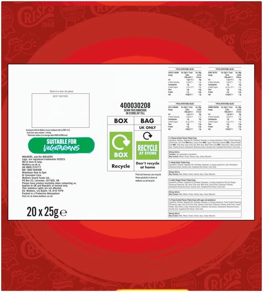 80 Bags of Walkers Classic Variety Multipack Crisps Box （4 boxes × 20 packs)   Free gift of 12 bottles of water