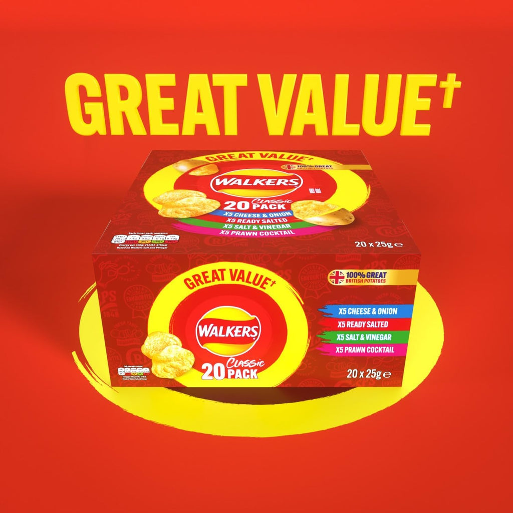 80 Bags of Walkers Classic Variety Multipack Crisps Box （4 boxes × 20 packs)   Free gift of 12 bottles of water