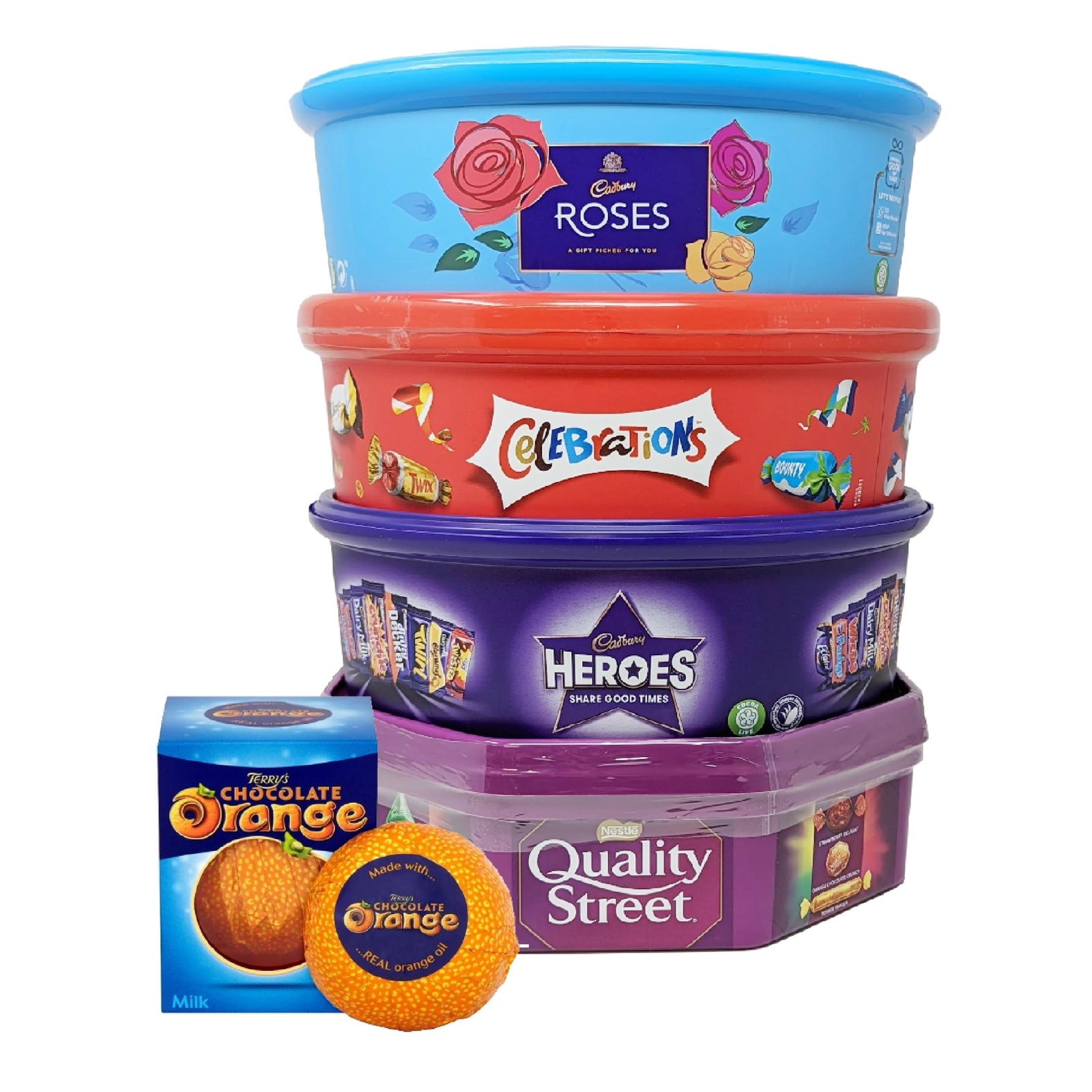 Chocolate Tubs Bundle – 5-Pack of Heroes, Roses, Celebrations, Quality Street   Chocolate Sweet Shop
