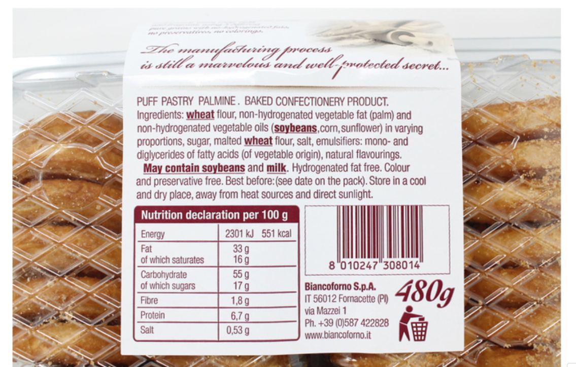 Authentic Italian Puff Pastry Palmine Pack of 480g