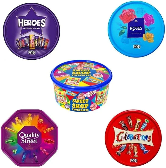 Chocolate Tubs Bundle – 5-Pack of Heroes, Roses, Celebrations, Quality Street   Chocolate Sweet Shop