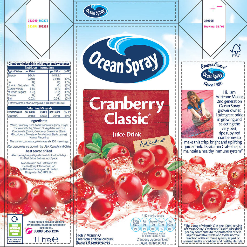 Oceanspray Cranberry Juice, 12 Pack x 1L – NEW PACK